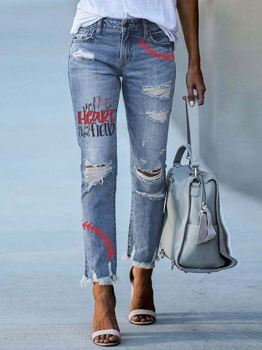 Baseball print ripped jeans for women washed frayed tassel slim fit pencil pants Blue