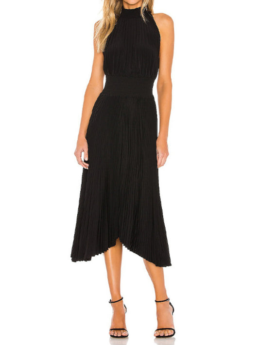 Halterneck skirt elegant slim fit pleated high waist irregular sleeveless pleated skirt Black