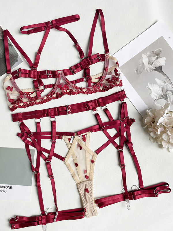 New sexy three-point spliced strap heavy craft bra and underwear set