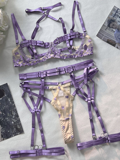 New sexy three-point spliced strap heavy craft bra and underwear set Violet