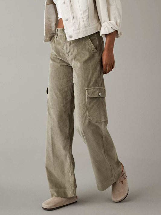 Women's solid color corduroy loose straight trousers Olive green