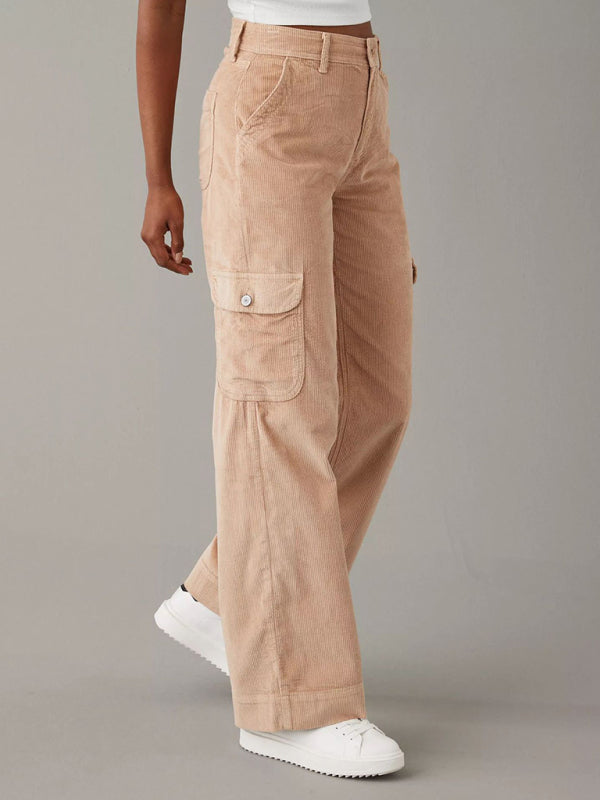 Women's solid color corduroy loose straight trousers Khaki