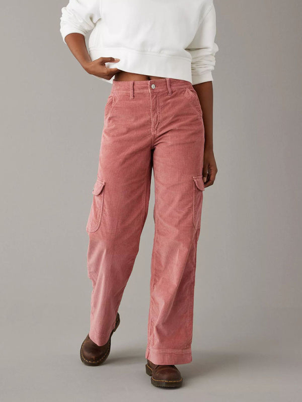 Women's solid color corduroy loose straight trousers Pink