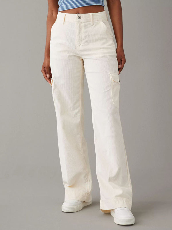 Women's solid color corduroy loose straight trousers White