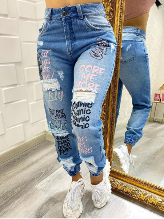 Women's Fashion Letters Cut Skinny Jeans Blue
