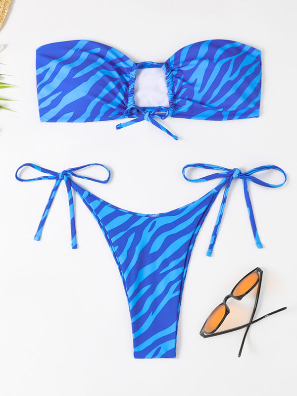 Women's Tight Backless Tankini Swimsuit Animal Print Strap Bikini Set Blue