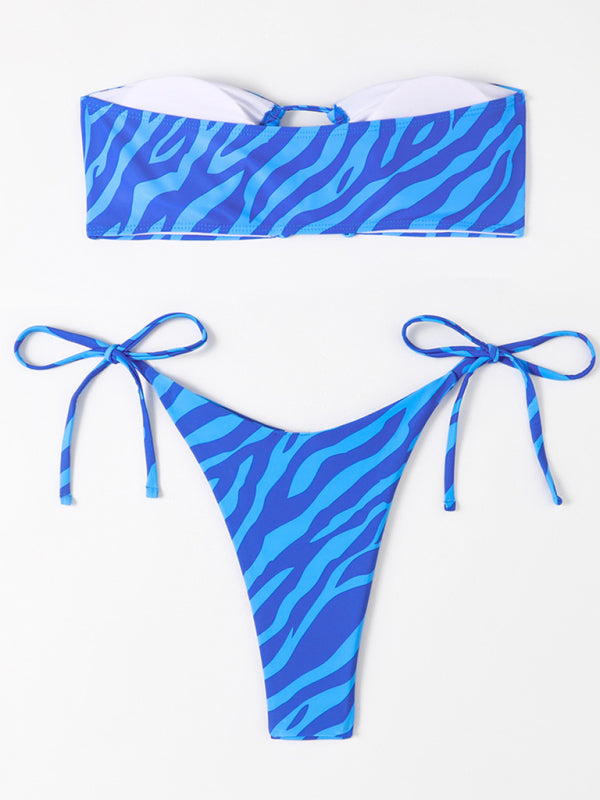 Women's Tight Backless Tankini Swimsuit Animal Print Strap Bikini Set