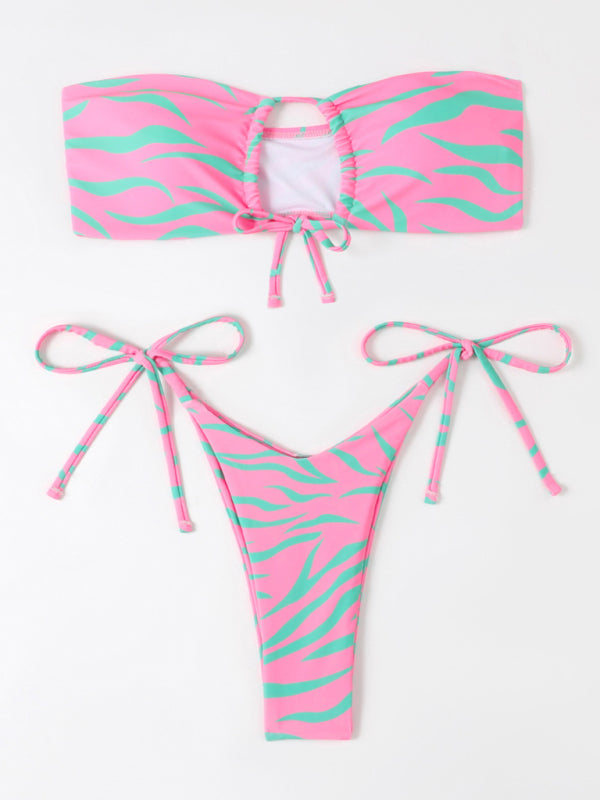 Women's Tight Backless Tankini Swimsuit Animal Print Strap Bikini Set