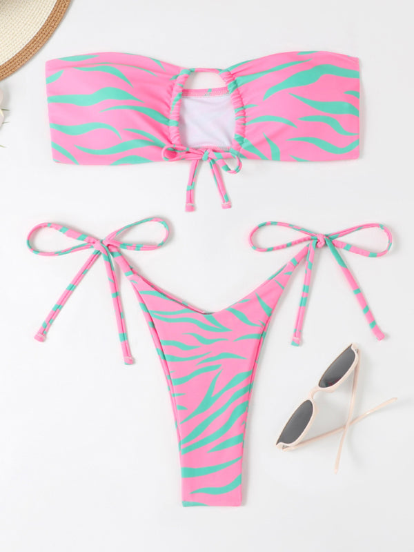 Women's Tight Backless Tankini Swimsuit Animal Print Strap Bikini Set Lotus root Pink