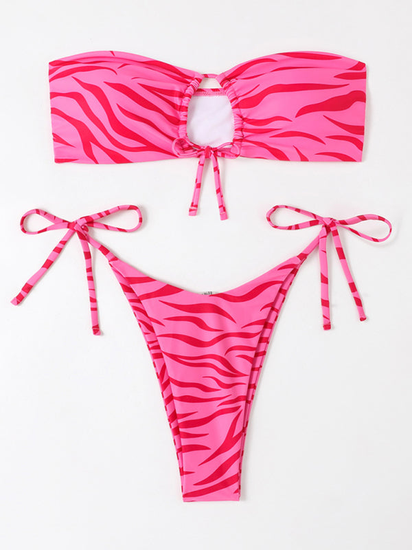 Women's Tight Backless Tankini Swimsuit Animal Print Strap Bikini Set Rose