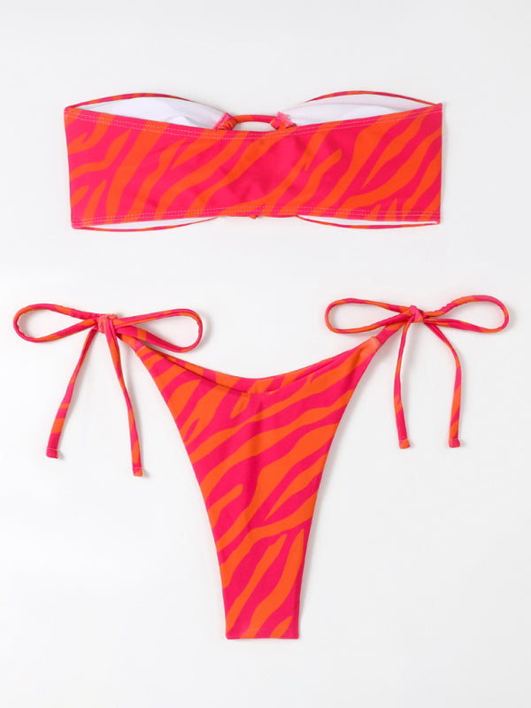 Women's Tight Backless Tankini Swimsuit Animal Print Strap Bikini Set