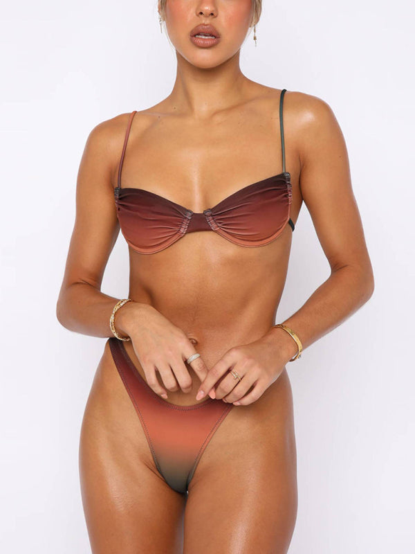 New bikini tight underwire gradient split bikini swimsuit Coffee