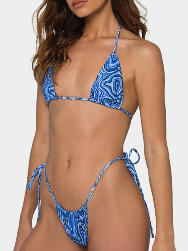 New women's sexy digital printed triangle soft bag bikini swimsuit Blue