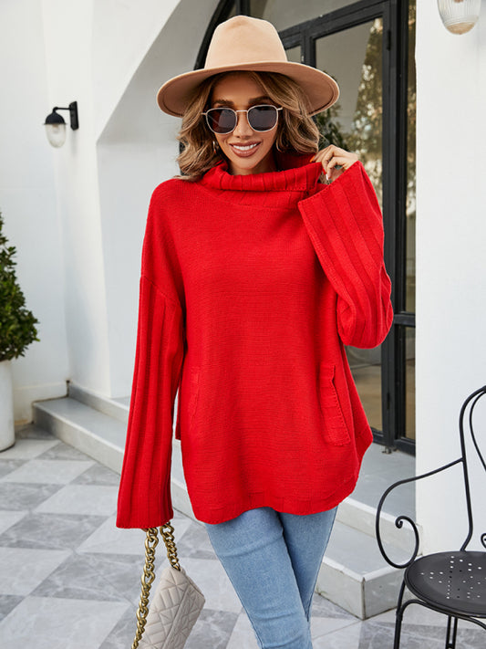 women's loose large size turtleneck sweater Red