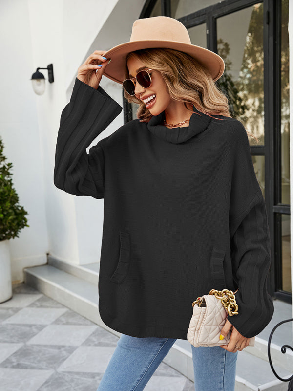 women's loose large size turtleneck sweater Black