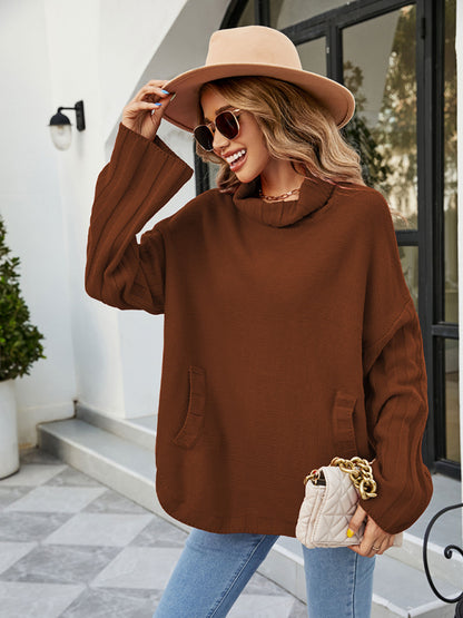 women's loose large size turtleneck sweater Brown